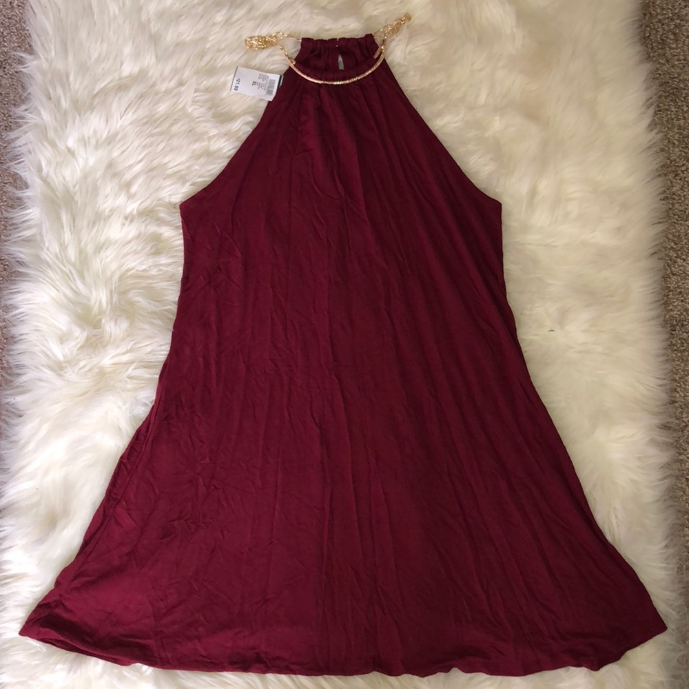 Rue 21 deep red dress with gold necklace strap